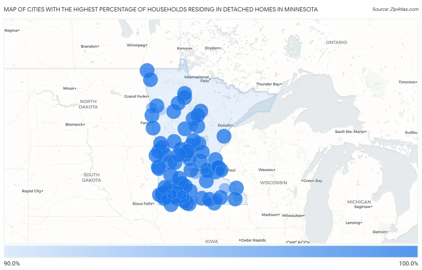 Cities with the Highest Percentage of Households Residing in Detached Homes in Minnesota Map