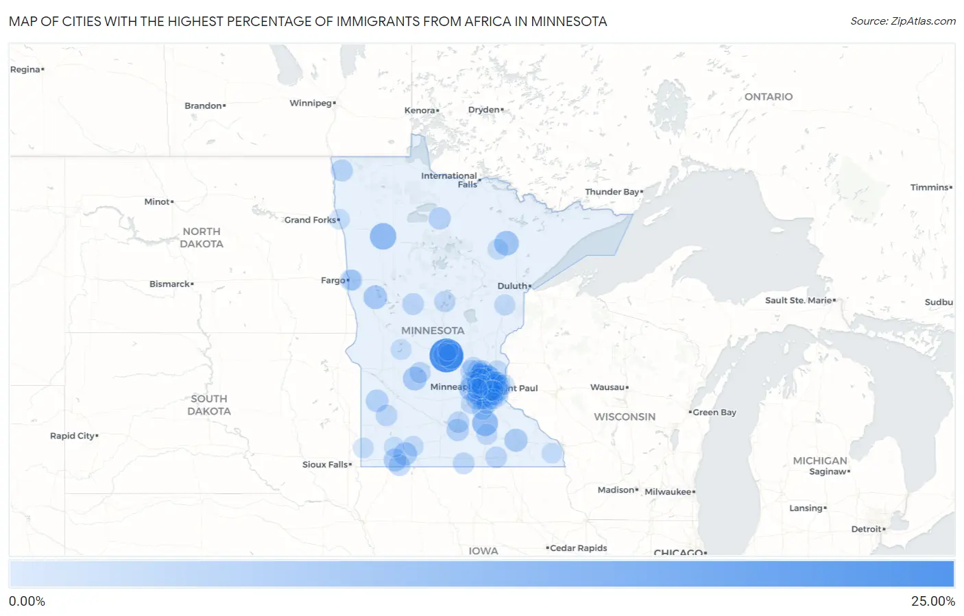 Cities with the Highest Percentage of Immigrants from Africa in Minnesota Map