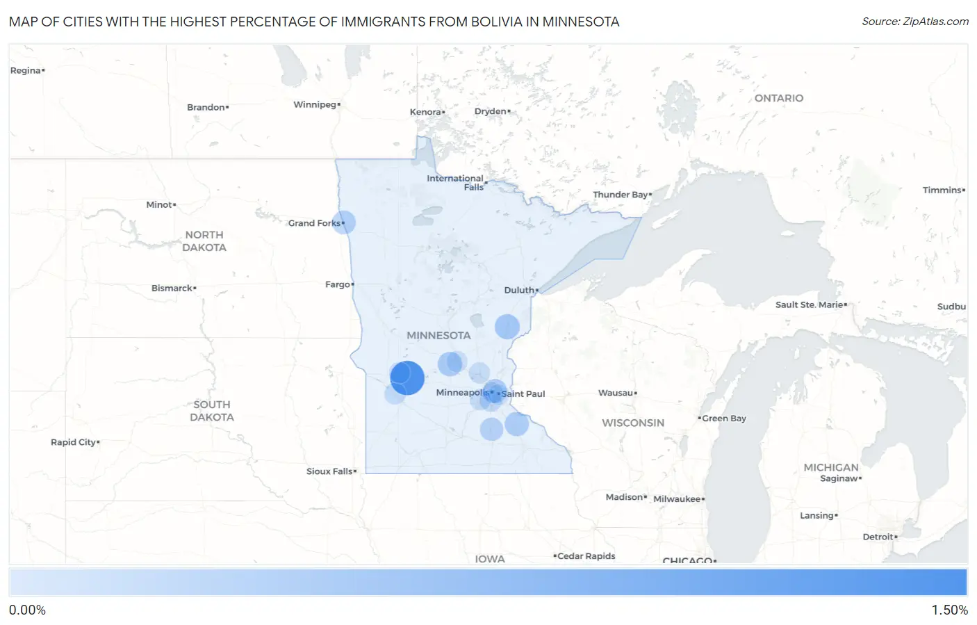 Cities with the Highest Percentage of Immigrants from Bolivia in Minnesota Map