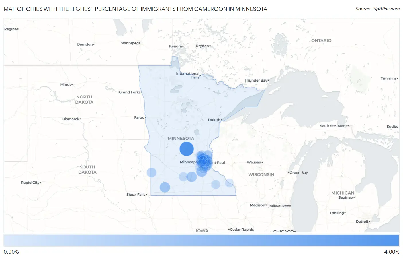 Cities with the Highest Percentage of Immigrants from Cameroon in Minnesota Map