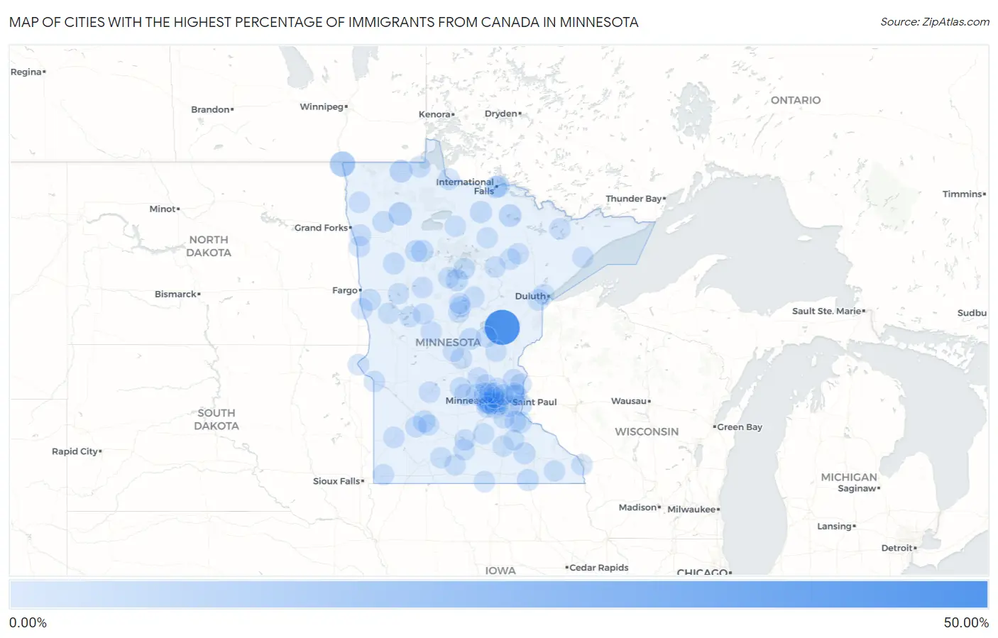 Cities with the Highest Percentage of Immigrants from Canada in Minnesota Map