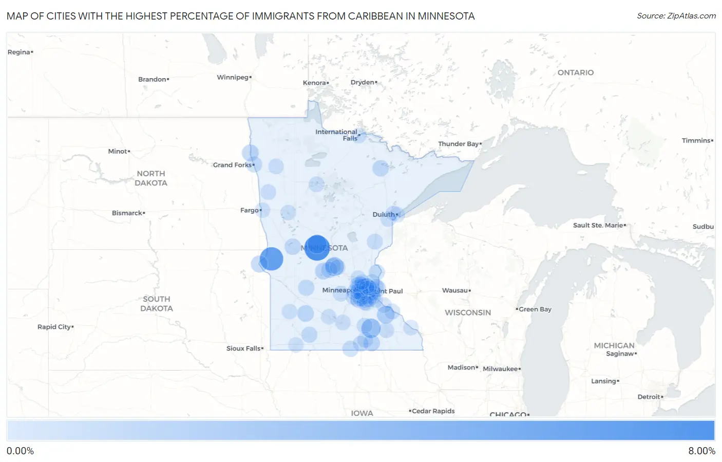 Cities with the Highest Percentage of Immigrants from Caribbean in Minnesota Map