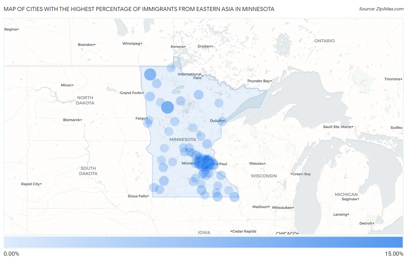 Cities with the Highest Percentage of Immigrants from Eastern Asia in Minnesota Map