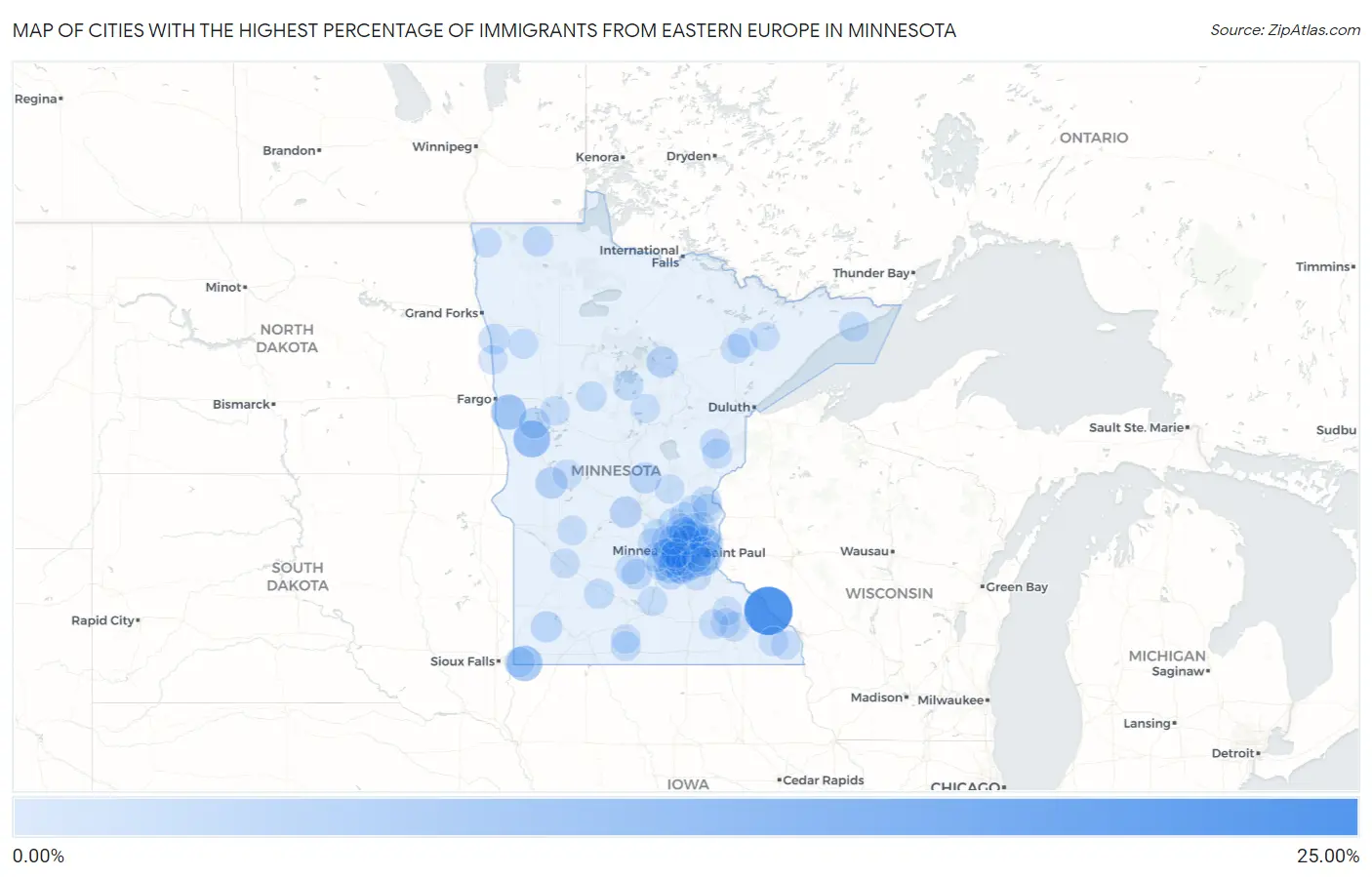 Cities with the Highest Percentage of Immigrants from Eastern Europe in Minnesota Map