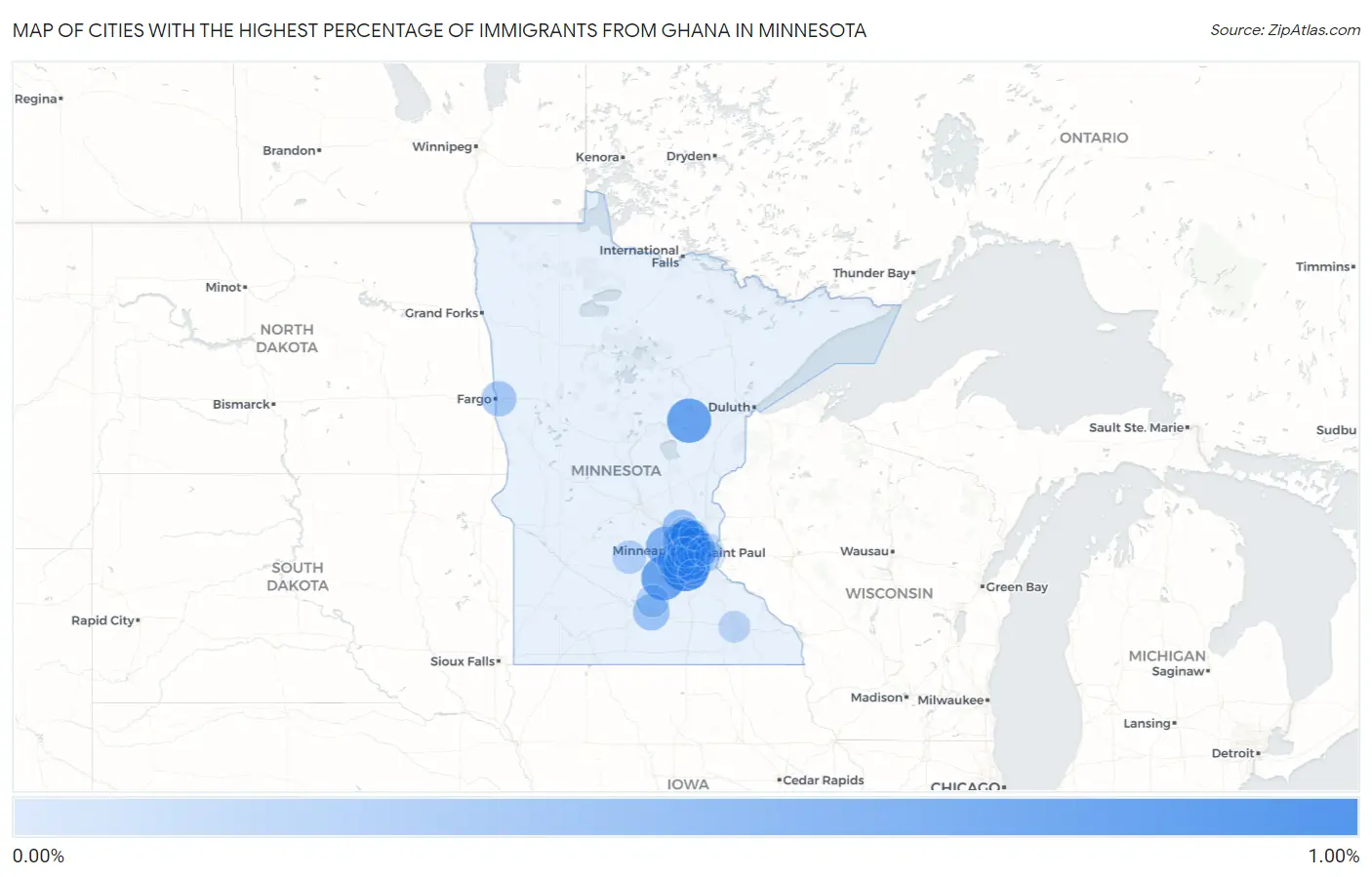 Cities with the Highest Percentage of Immigrants from Ghana in Minnesota Map