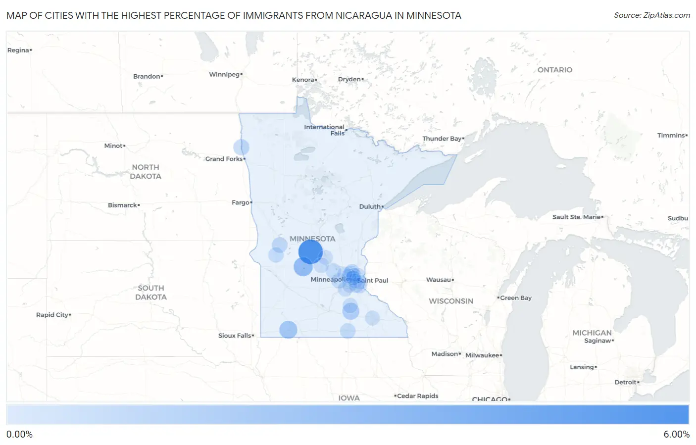 Cities with the Highest Percentage of Immigrants from Nicaragua in Minnesota Map