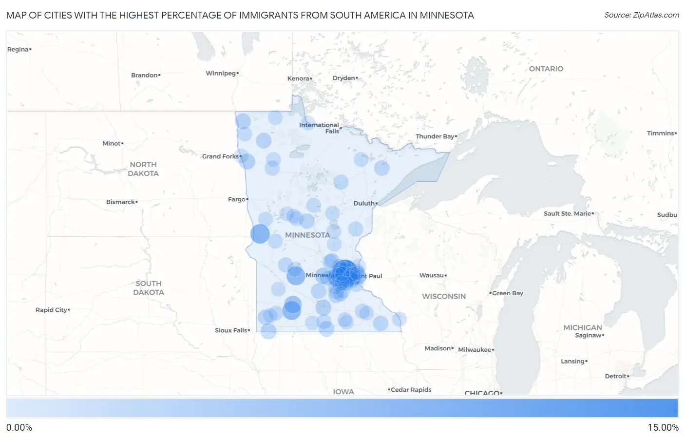 Cities with the Highest Percentage of Immigrants from South America in Minnesota Map