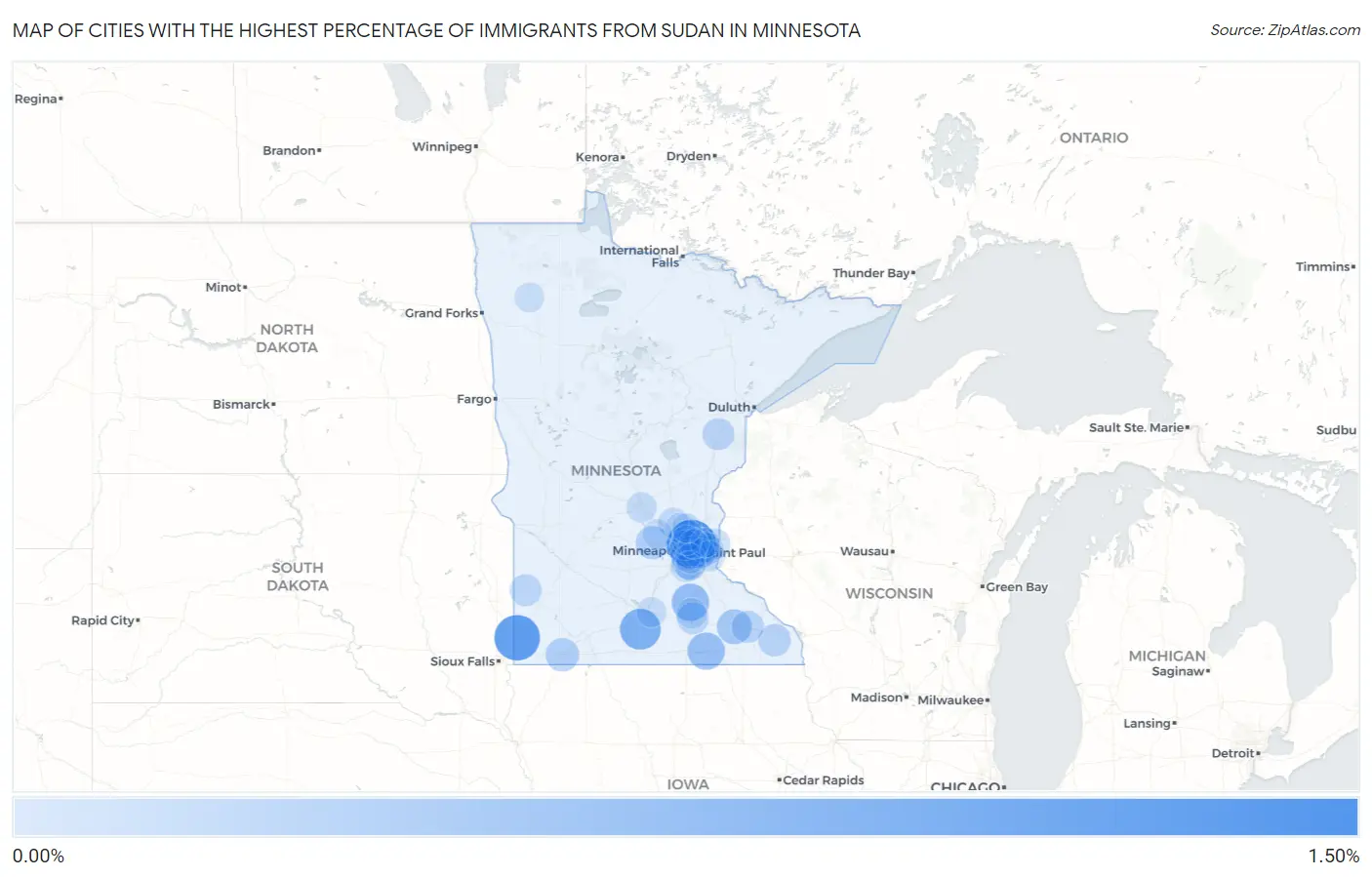 Cities with the Highest Percentage of Immigrants from Sudan in Minnesota Map