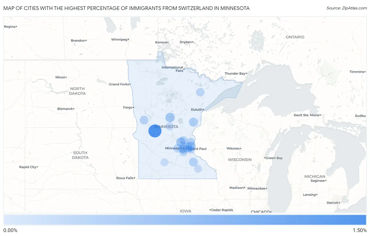 Cities with the Highest Percentage of Immigrants from Switzerland in Minnesota Map