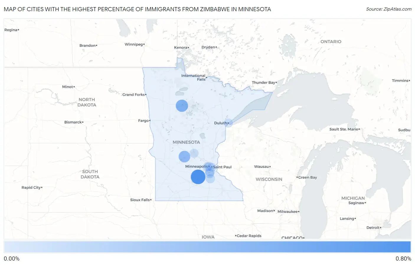 Cities with the Highest Percentage of Immigrants from Zimbabwe in Minnesota Map