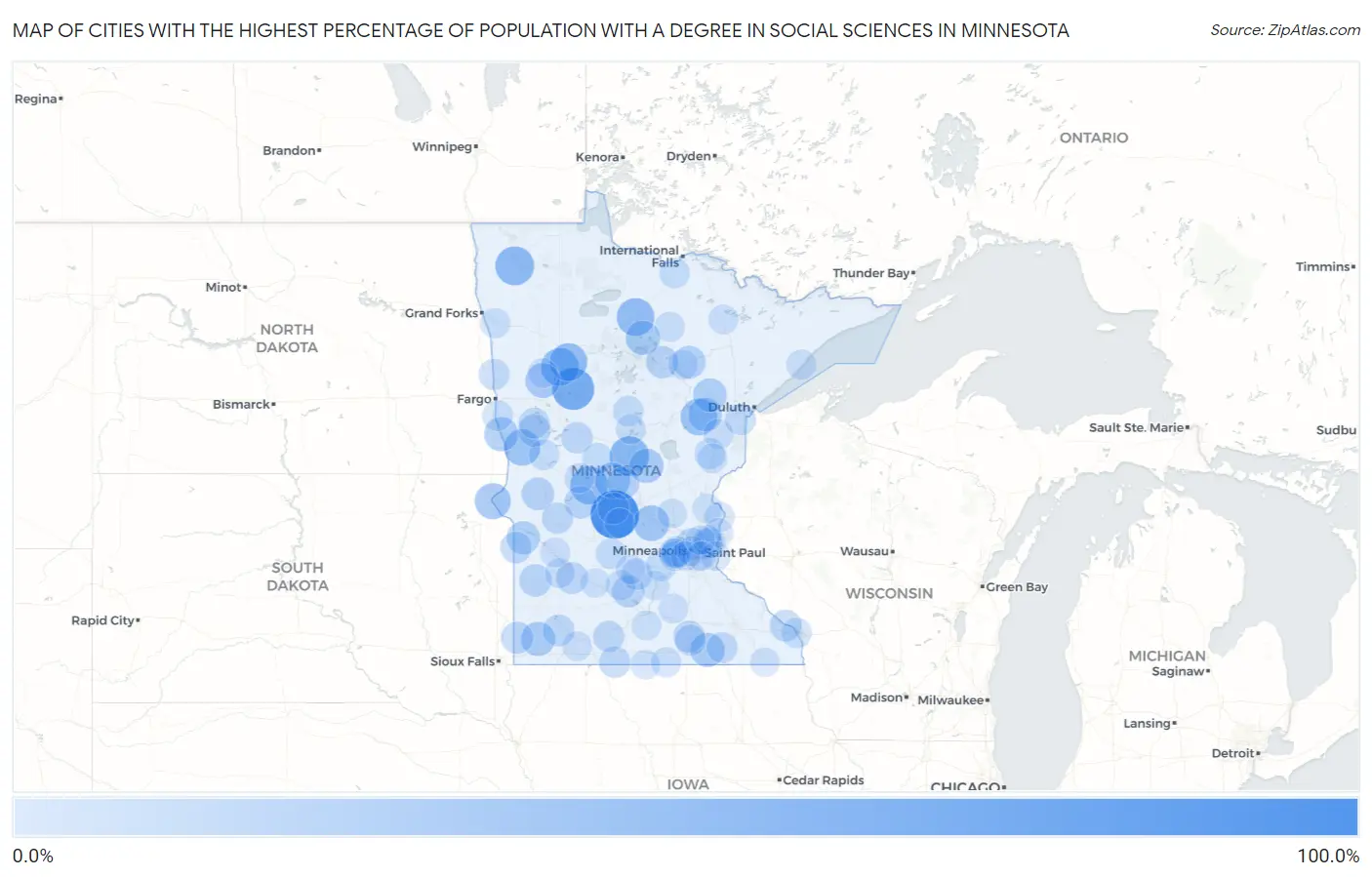 Cities with the Highest Percentage of Population with a Degree in Social Sciences in Minnesota Map