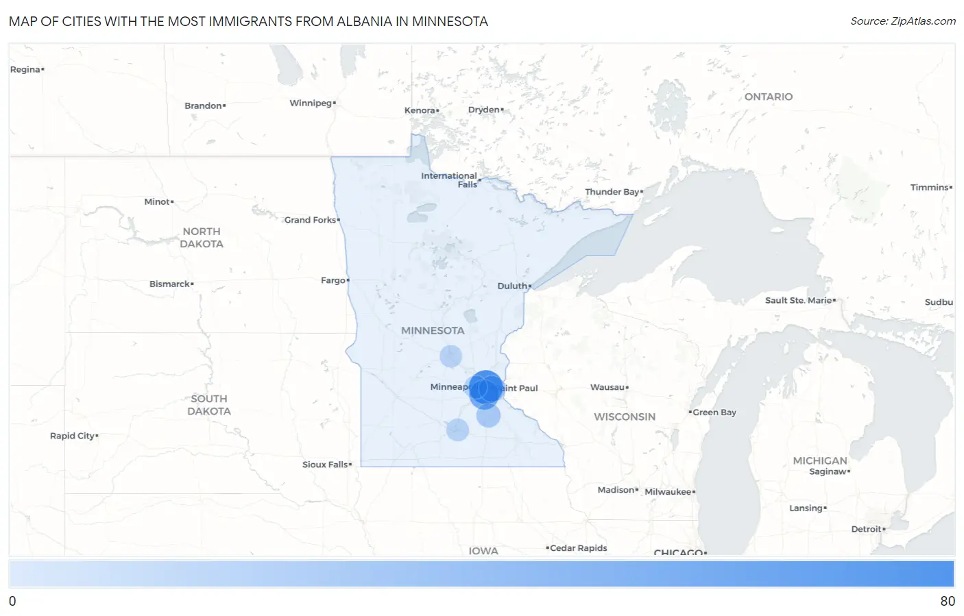 Cities with the Most Immigrants from Albania in Minnesota Map