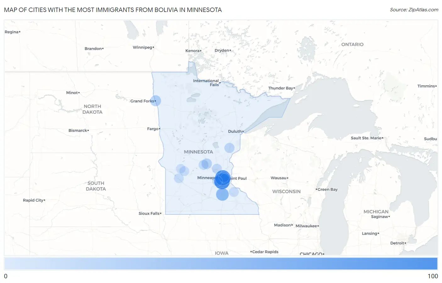 Cities with the Most Immigrants from Bolivia in Minnesota Map
