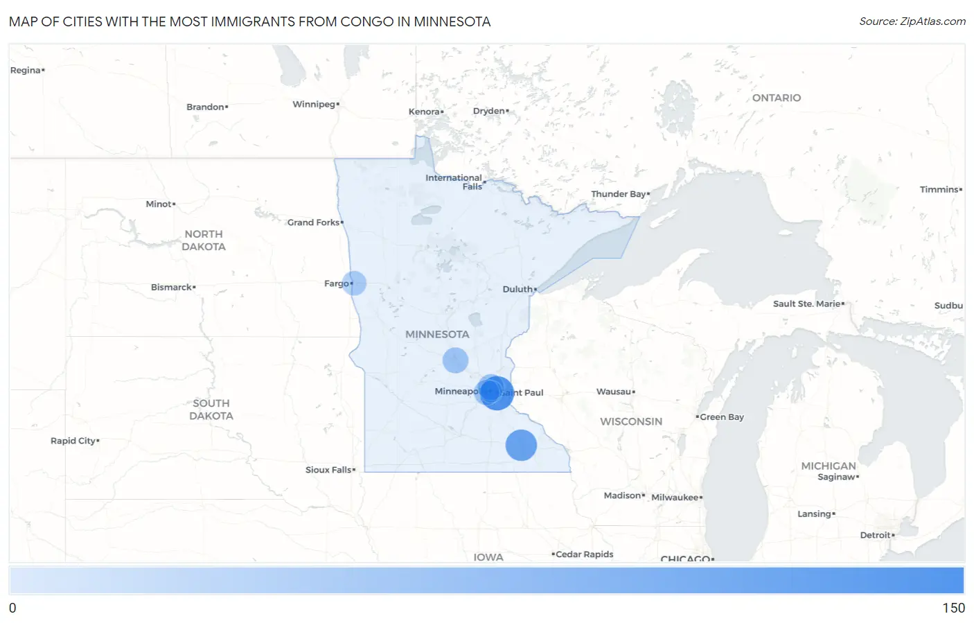 Cities with the Most Immigrants from Congo in Minnesota Map