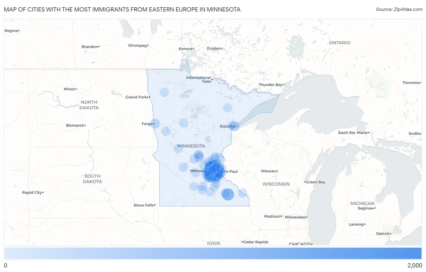 Cities with the Most Immigrants from Eastern Europe in Minnesota Map