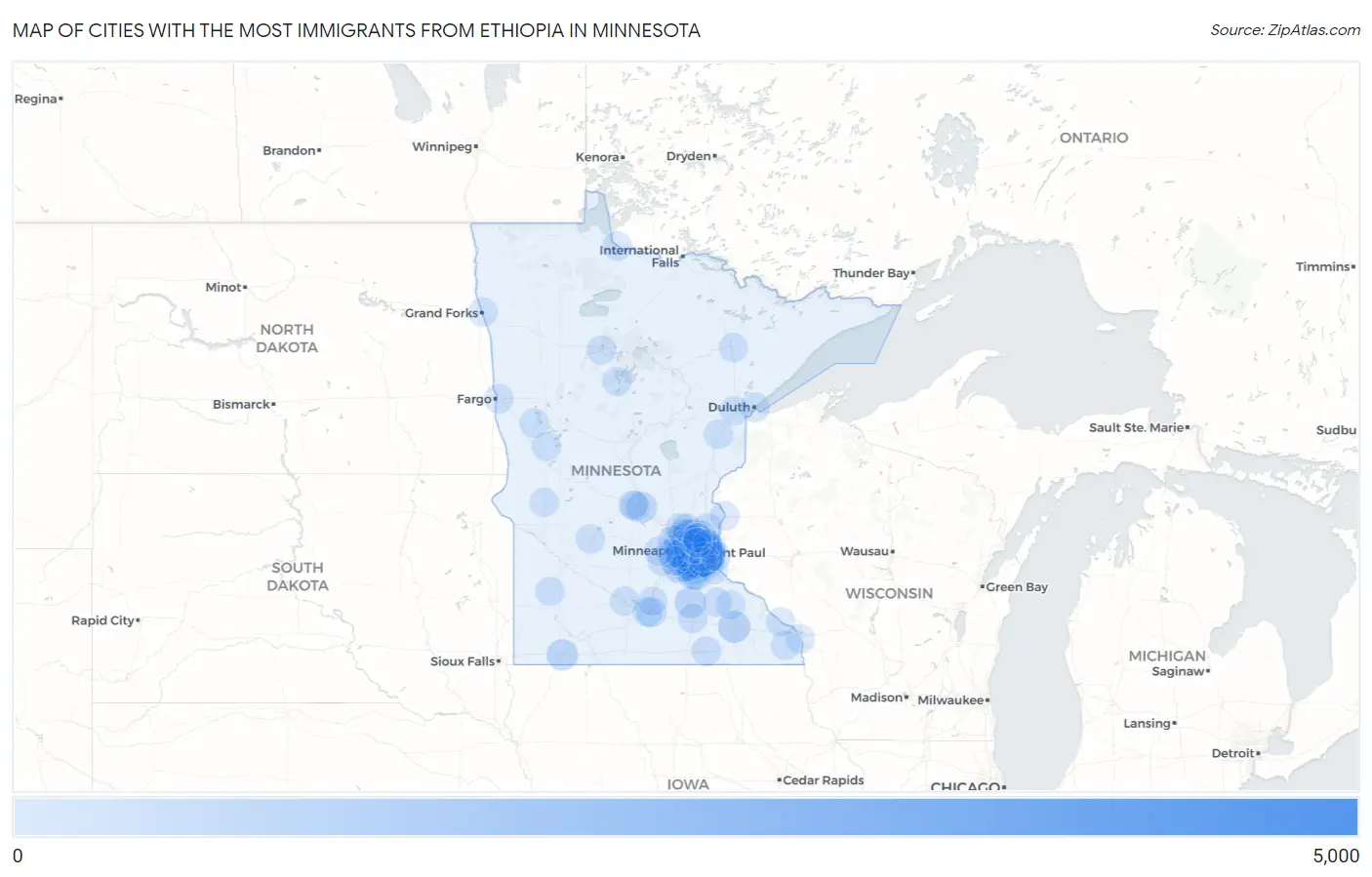 Cities with the Most Immigrants from Ethiopia in Minnesota Map