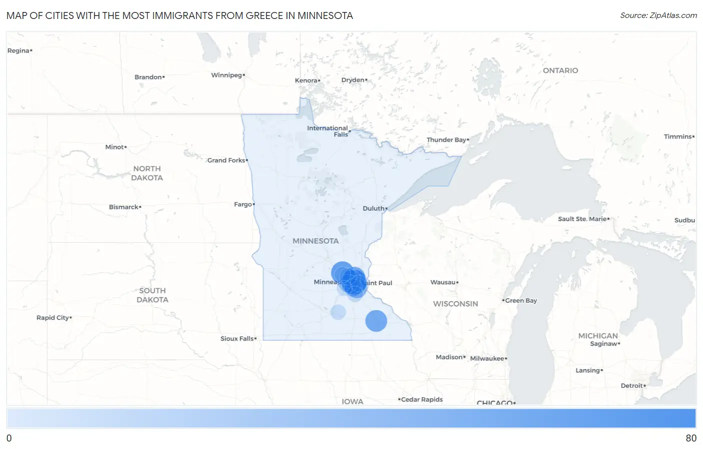 Cities with the Most Immigrants from Greece in Minnesota Map