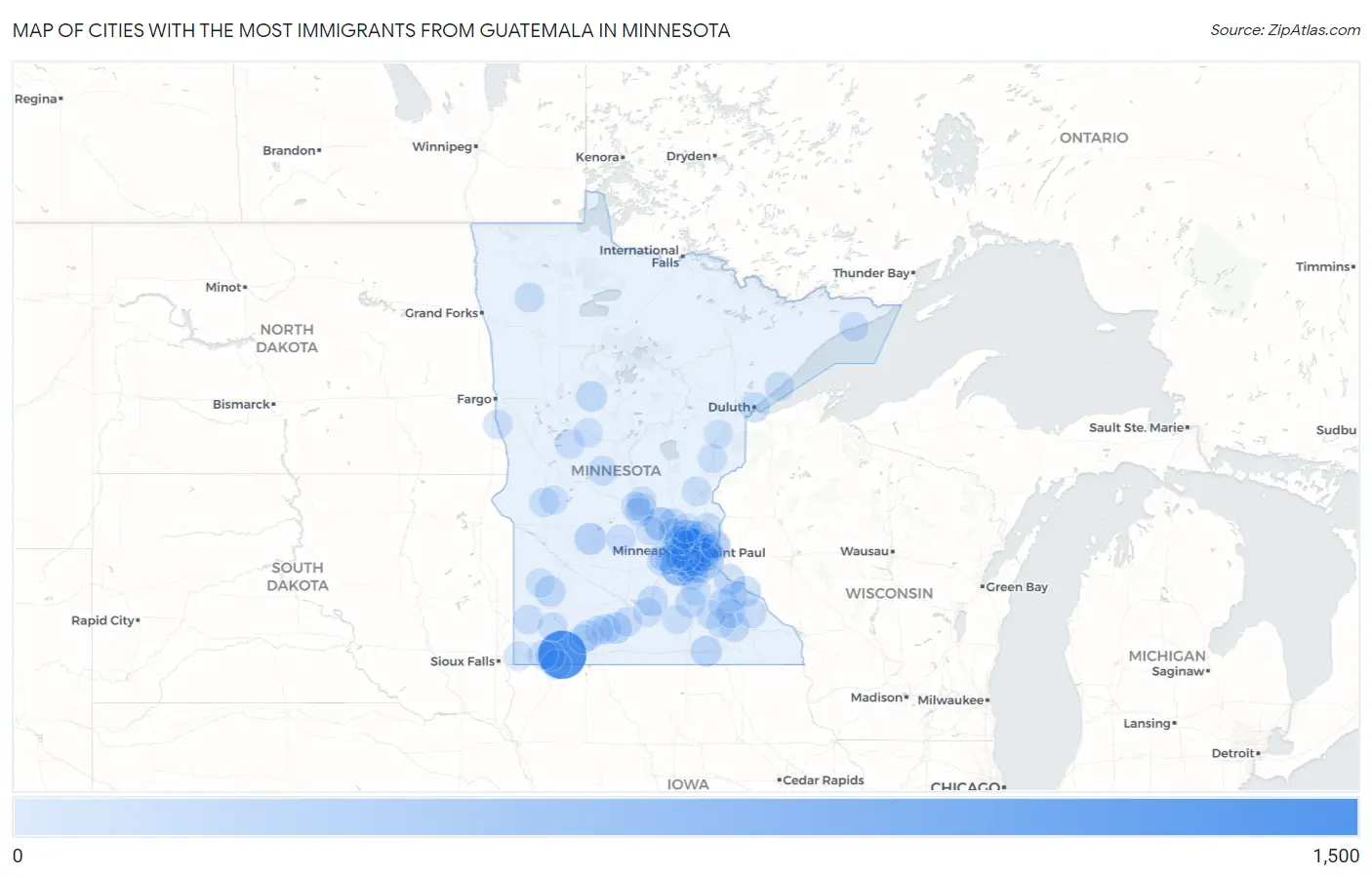 Cities with the Most Immigrants from Guatemala in Minnesota Map