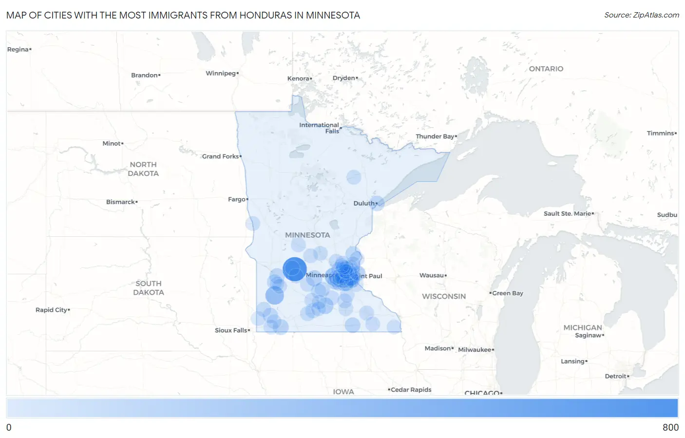 Cities with the Most Immigrants from Honduras in Minnesota Map