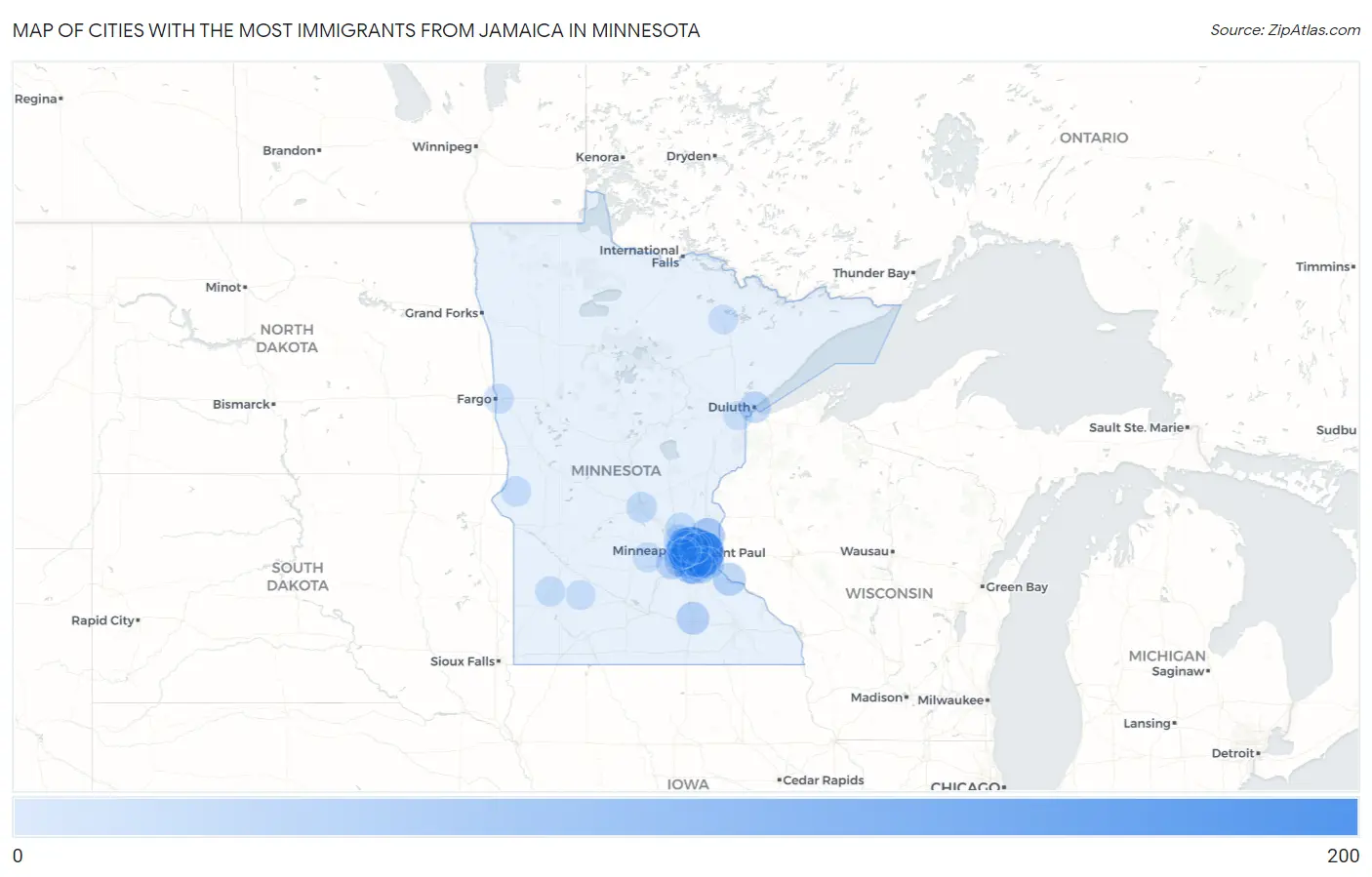 Cities with the Most Immigrants from Jamaica in Minnesota Map