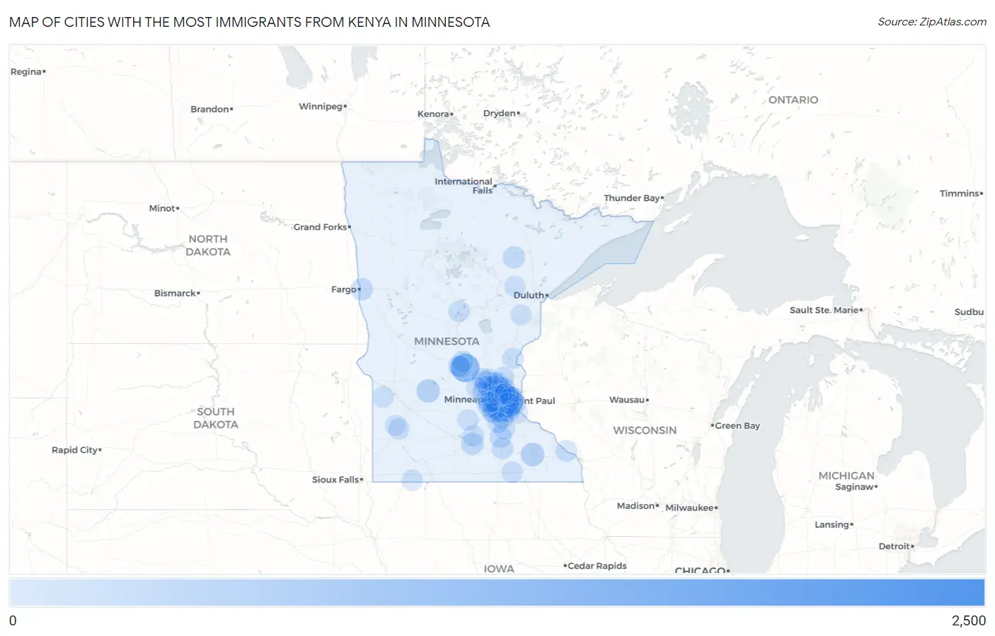 Cities with the Most Immigrants from Kenya in Minnesota Map