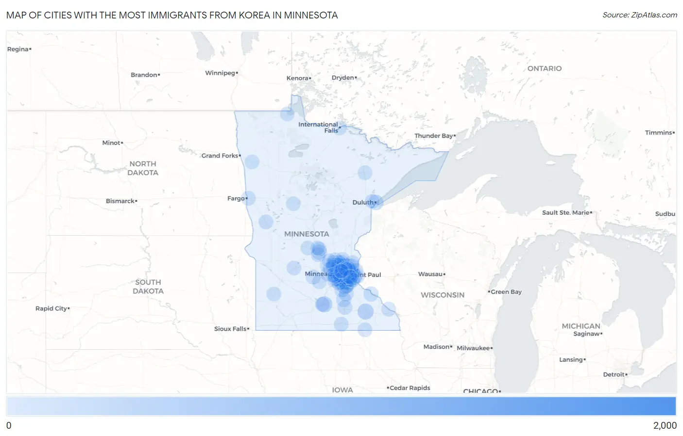 Cities with the Most Immigrants from Korea in Minnesota Map