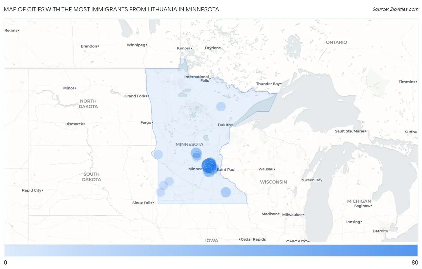 Cities with the Most Immigrants from Lithuania in Minnesota Map