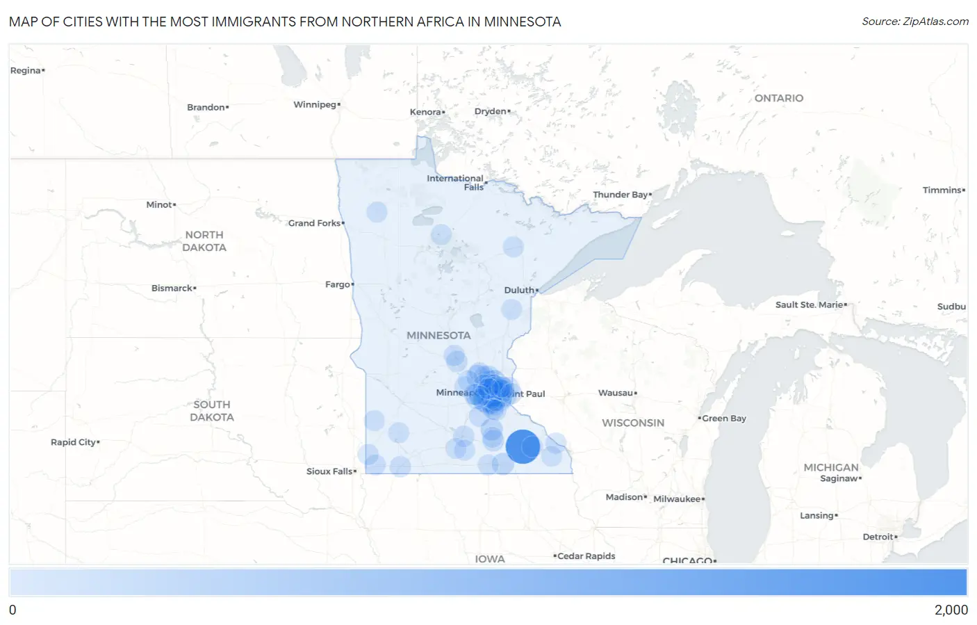 Cities with the Most Immigrants from Northern Africa in Minnesota Map