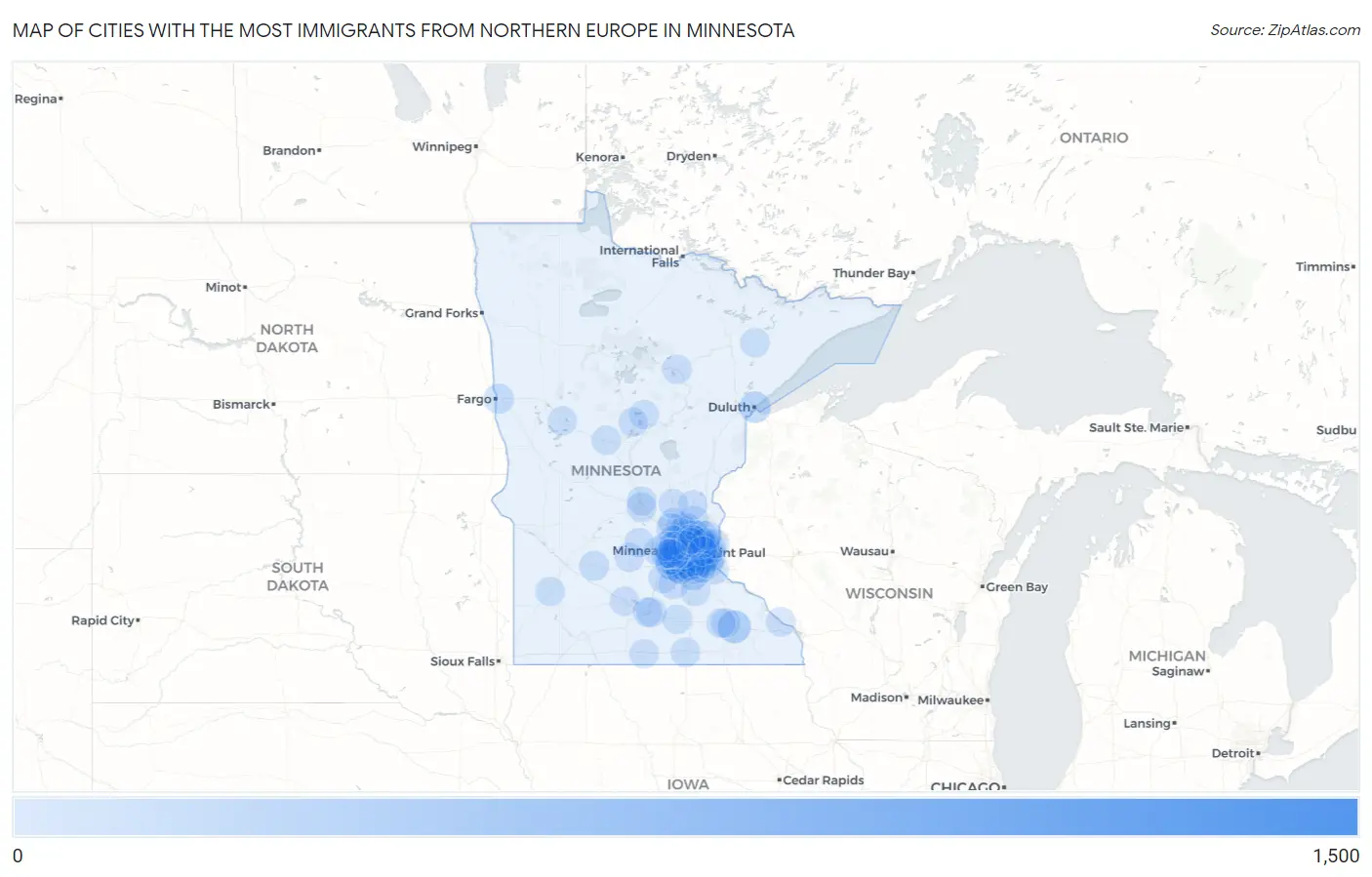 Cities with the Most Immigrants from Northern Europe in Minnesota Map