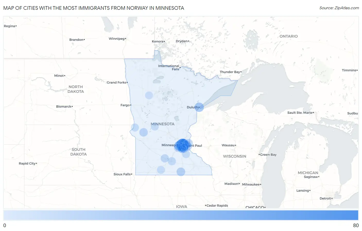 Cities with the Most Immigrants from Norway in Minnesota Map