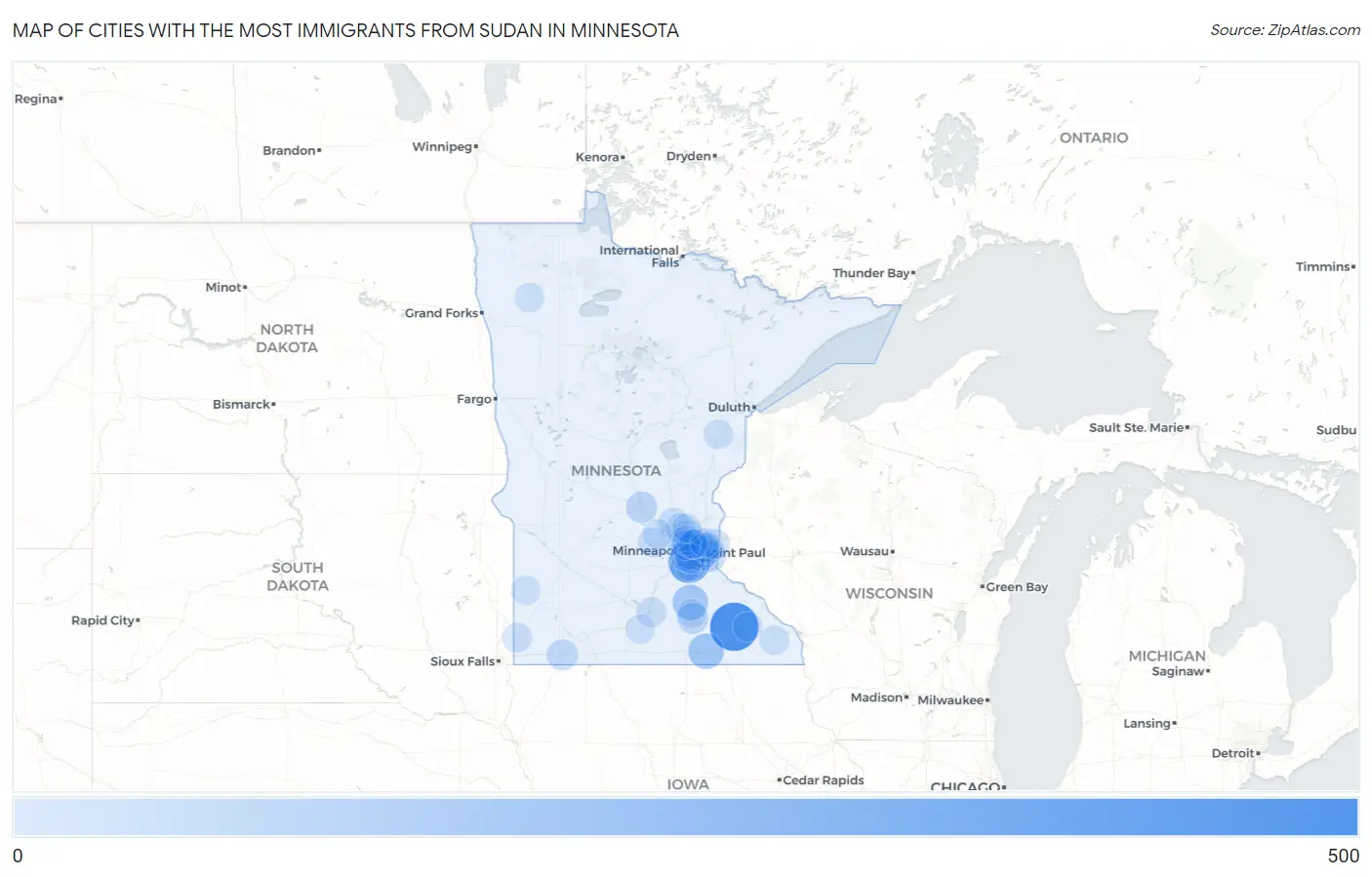 Cities with the Most Immigrants from Sudan in Minnesota Map