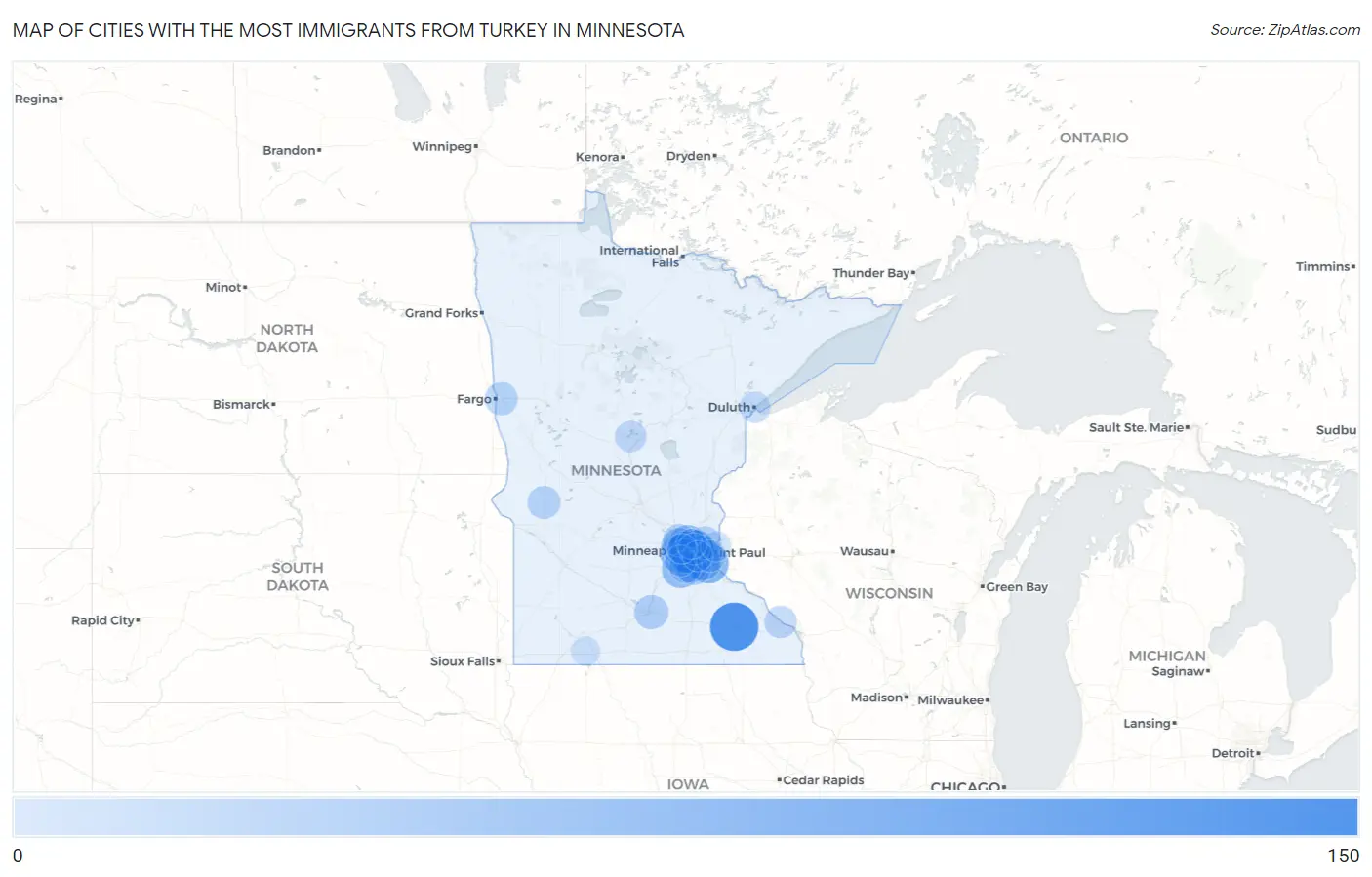 Cities with the Most Immigrants from Turkey in Minnesota Map
