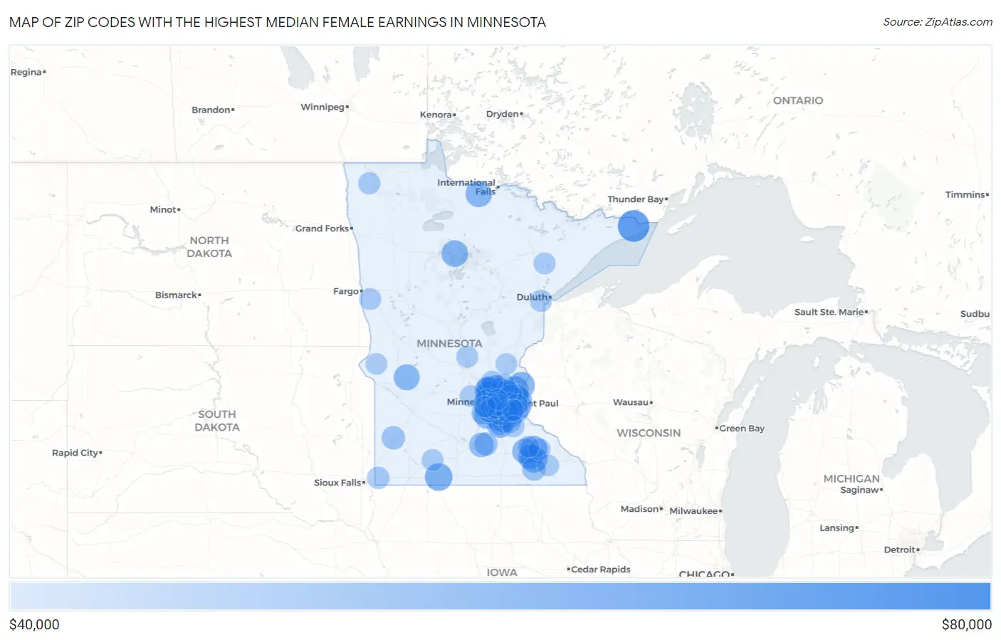 Zip Codes with the Highest Median Female Earnings in Minnesota Map