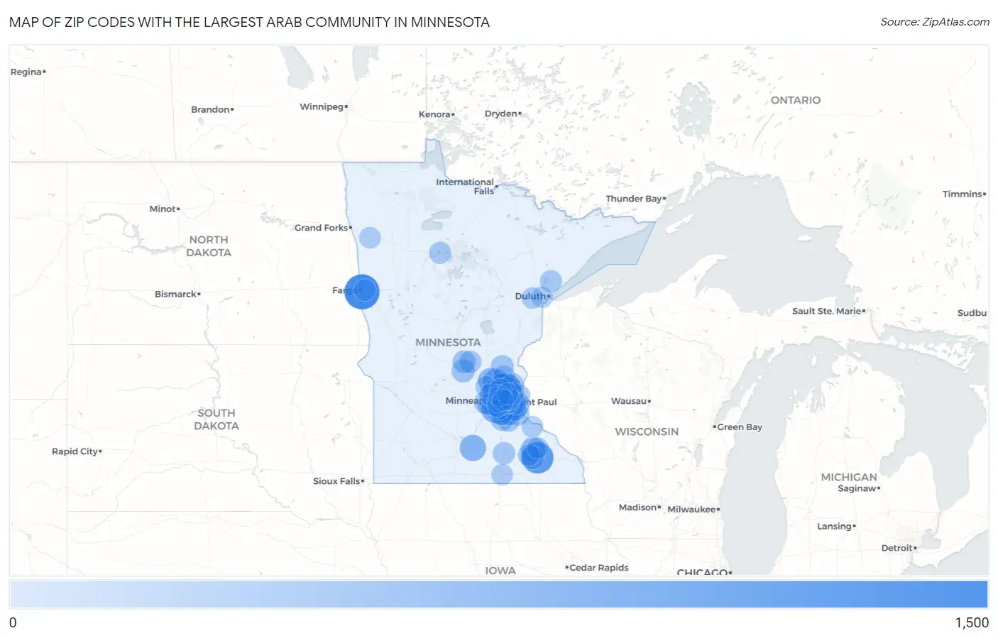 Zip Codes with the Largest Arab Community in Minnesota Map