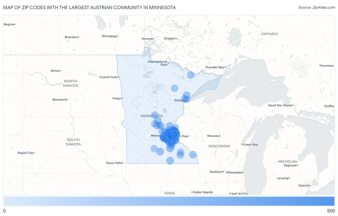 Zip Codes with the Largest Austrian Community in Minnesota Map