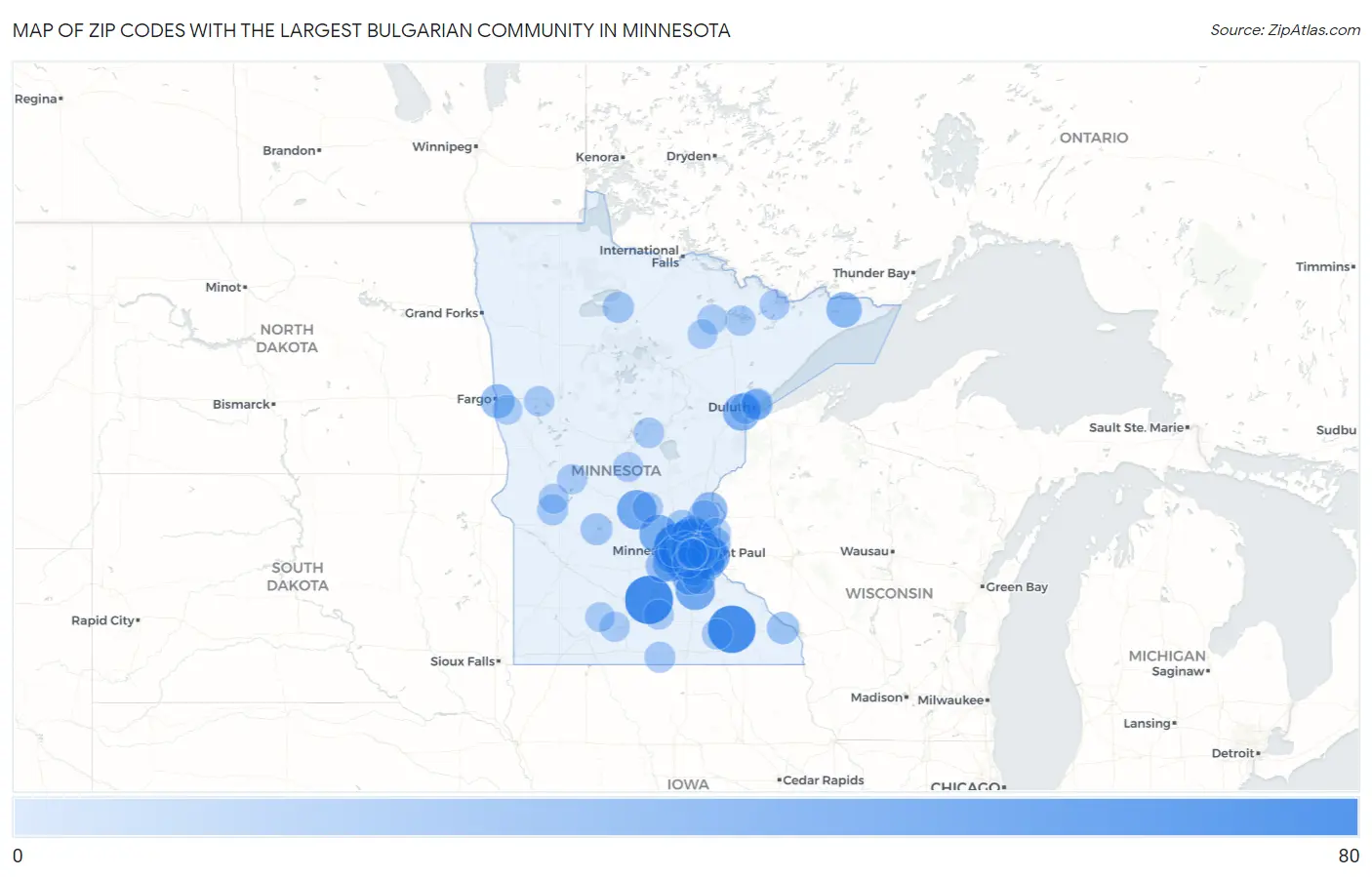 Zip Codes with the Largest Bulgarian Community in Minnesota Map