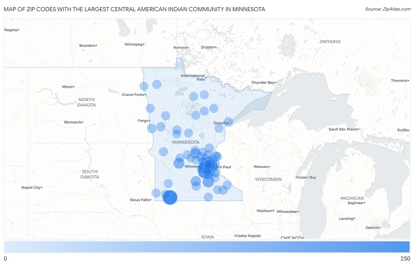 Zip Codes with the Largest Central American Indian Community in Minnesota Map