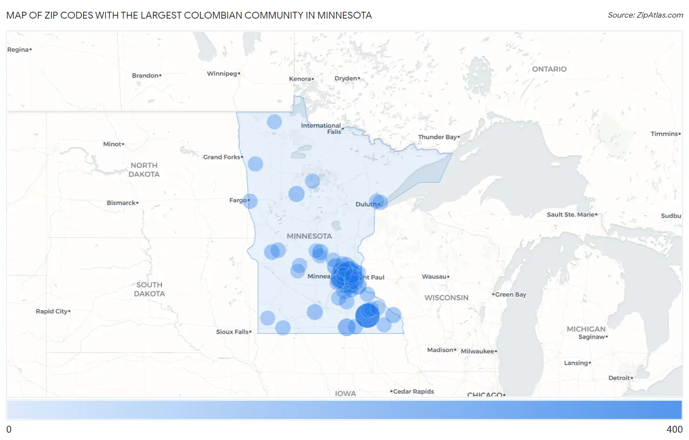 Zip Codes with the Largest Colombian Community in Minnesota Map
