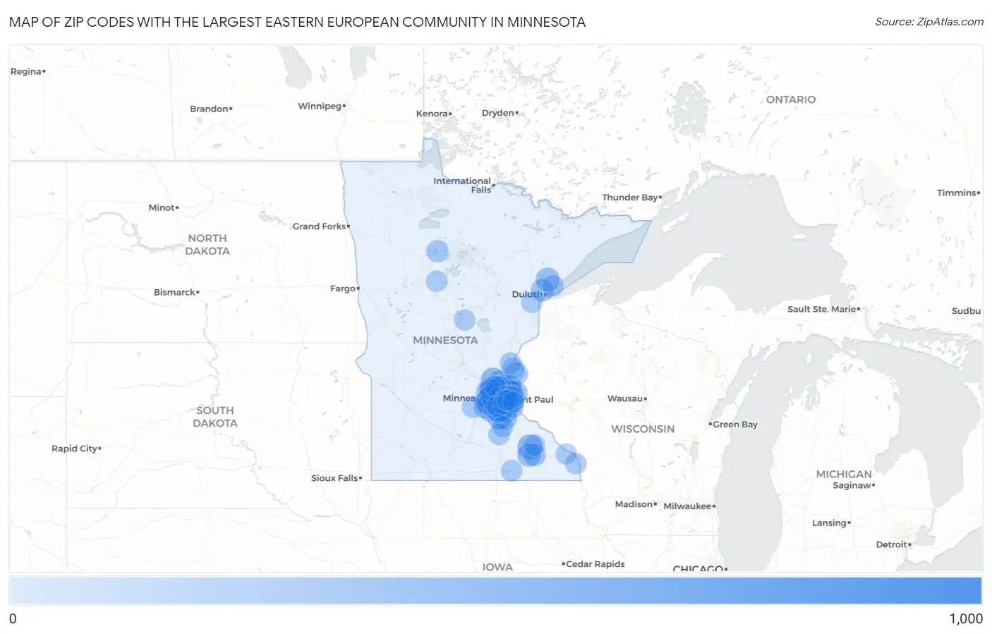 Zip Codes with the Largest Eastern European Community in Minnesota Map