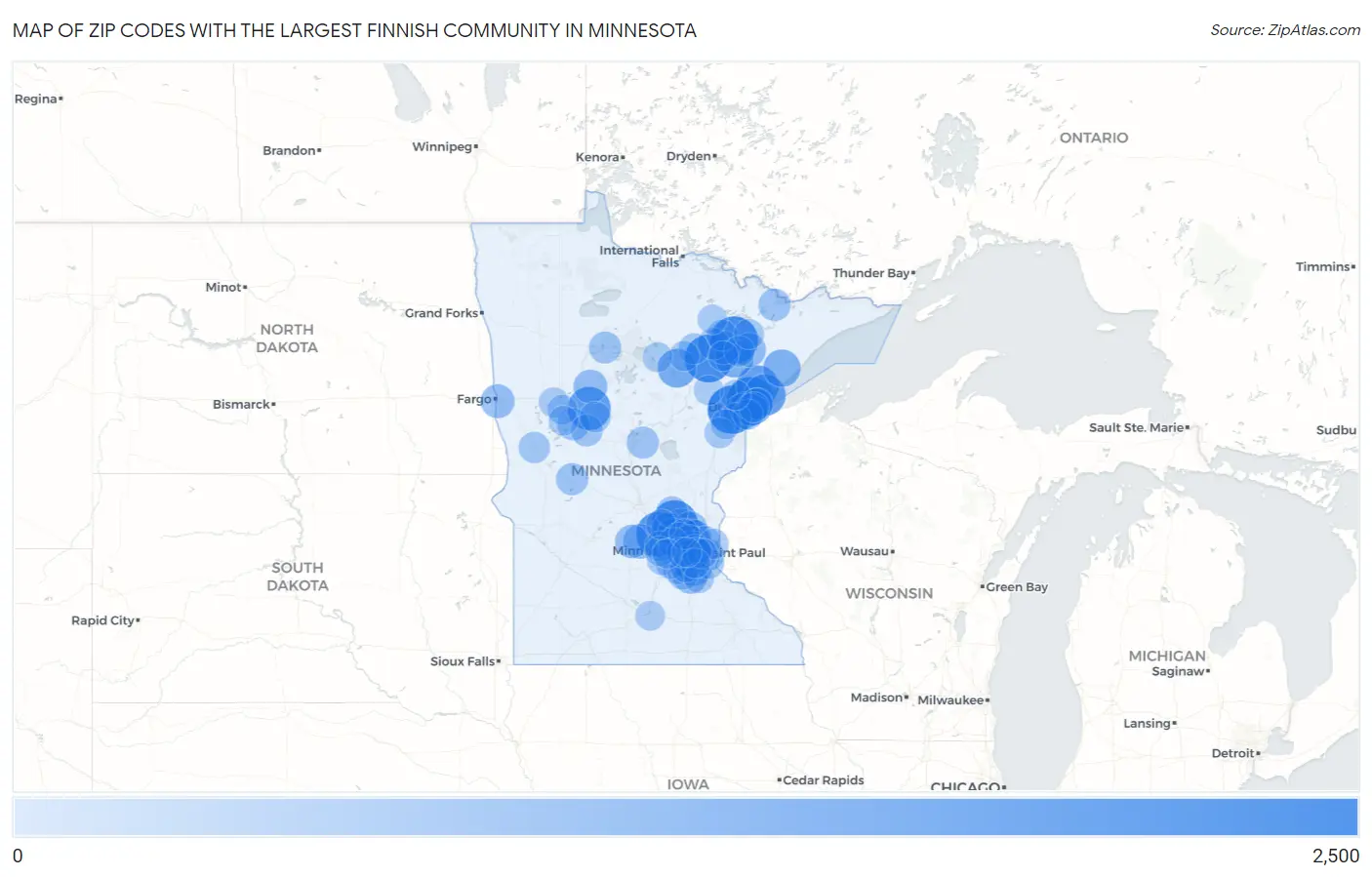 Zip Codes with the Largest Finnish Community in Minnesota Map