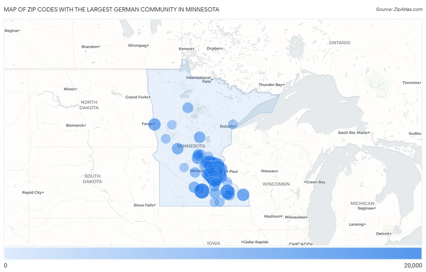 Zip Codes with the Largest German Community in Minnesota Map