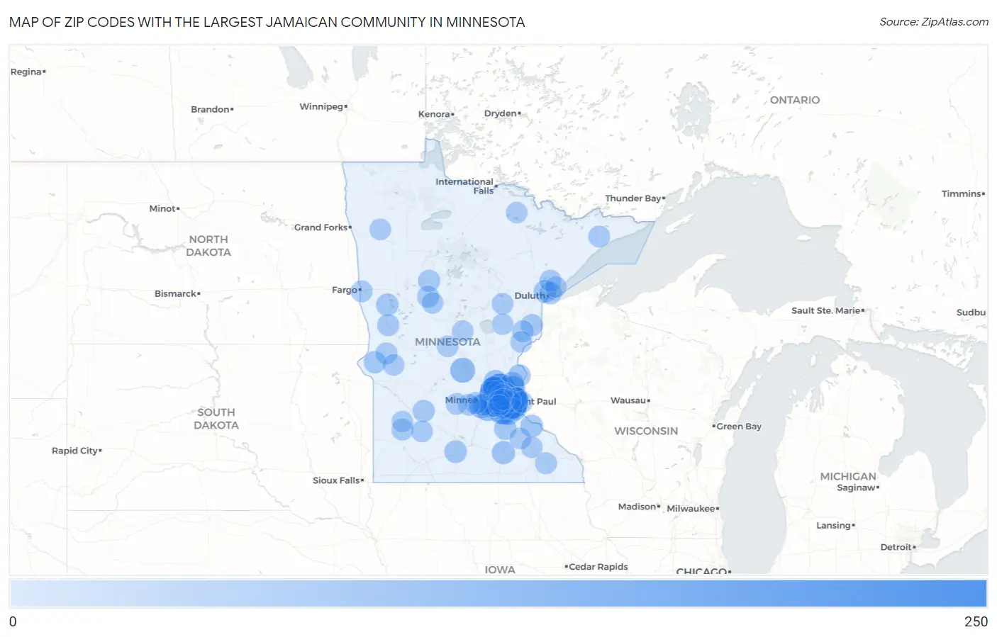Zip Codes with the Largest Jamaican Community in Minnesota Map