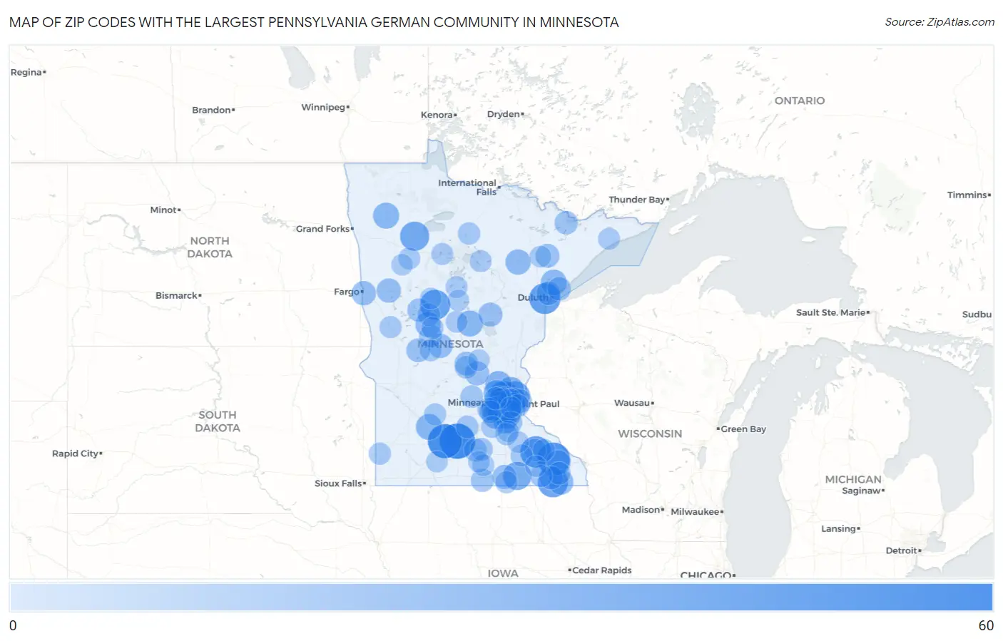 Zip Codes with the Largest Pennsylvania German Community in Minnesota Map