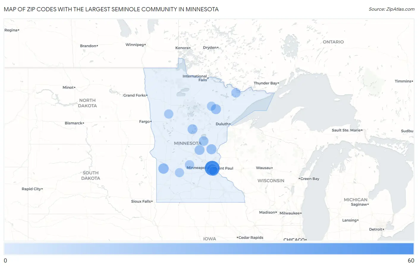 Zip Codes with the Largest Seminole Community in Minnesota Map