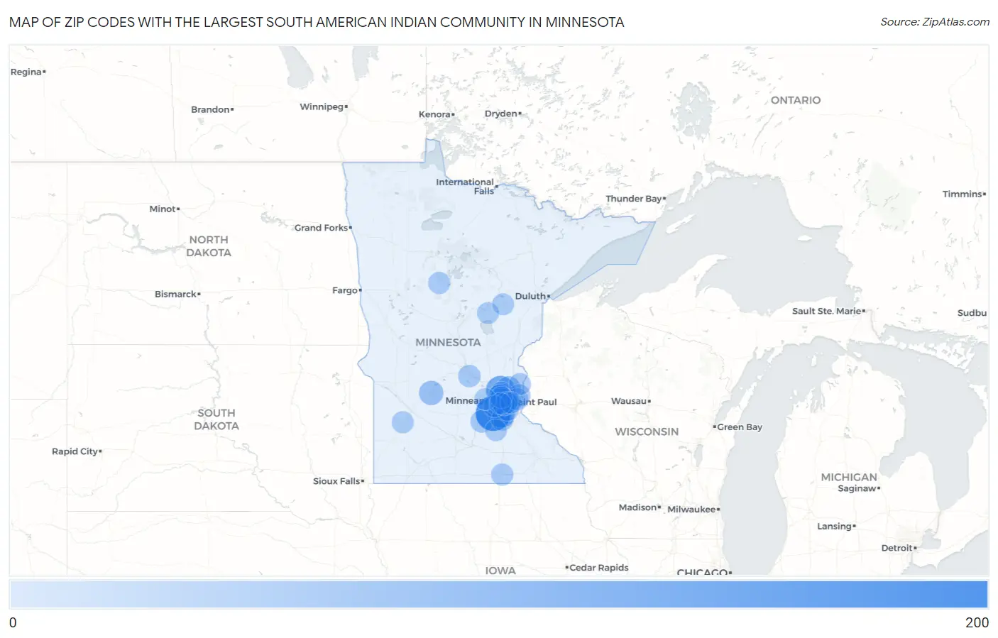 Zip Codes with the Largest South American Indian Community in Minnesota Map