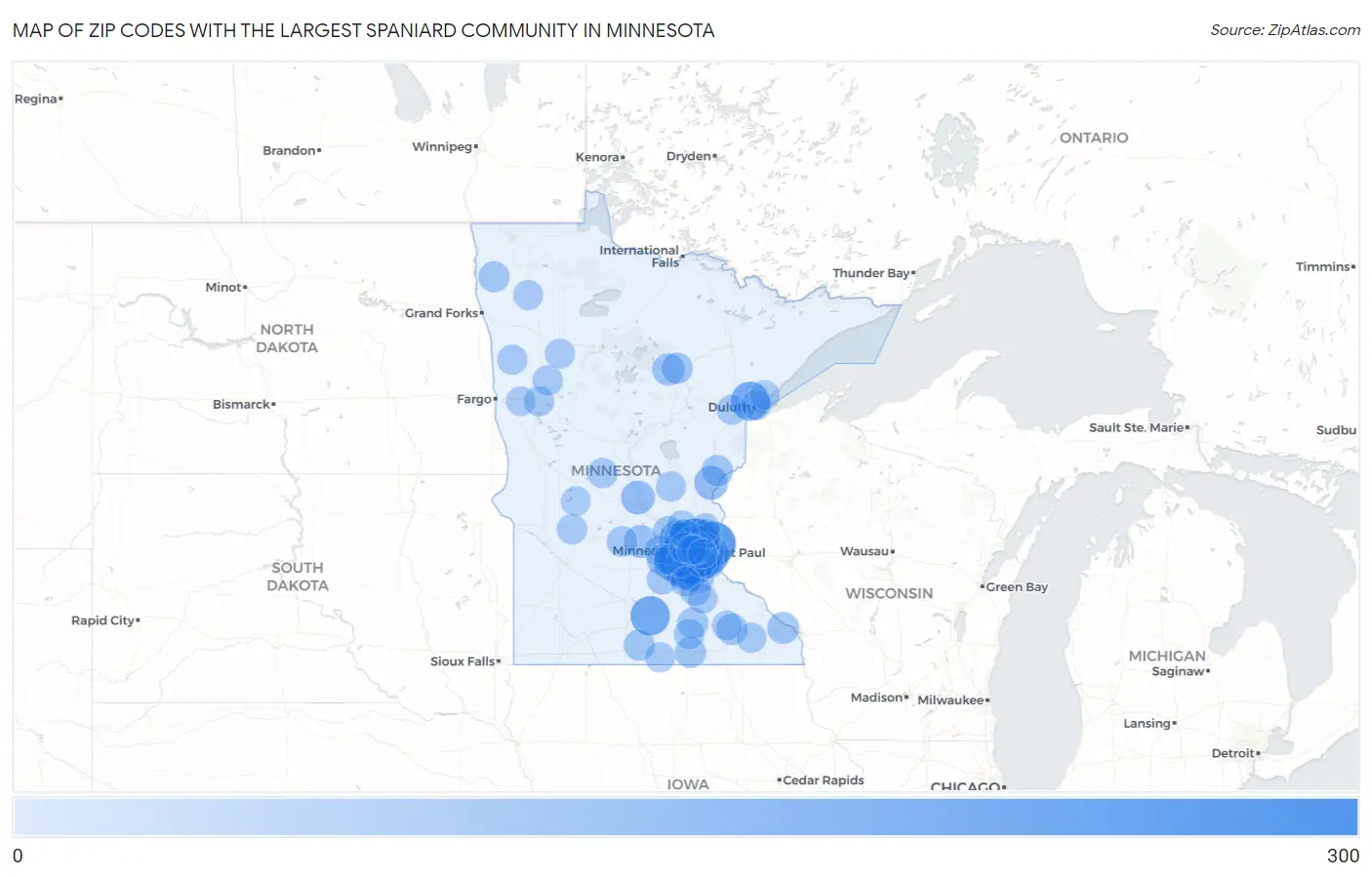 Zip Codes with the Largest Spaniard Community in Minnesota Map