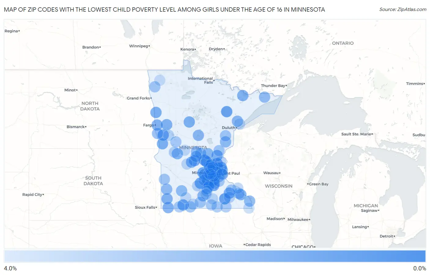 Zip Codes with the Lowest Child Poverty Level Among Girls Under the Age of 16 in Minnesota Map