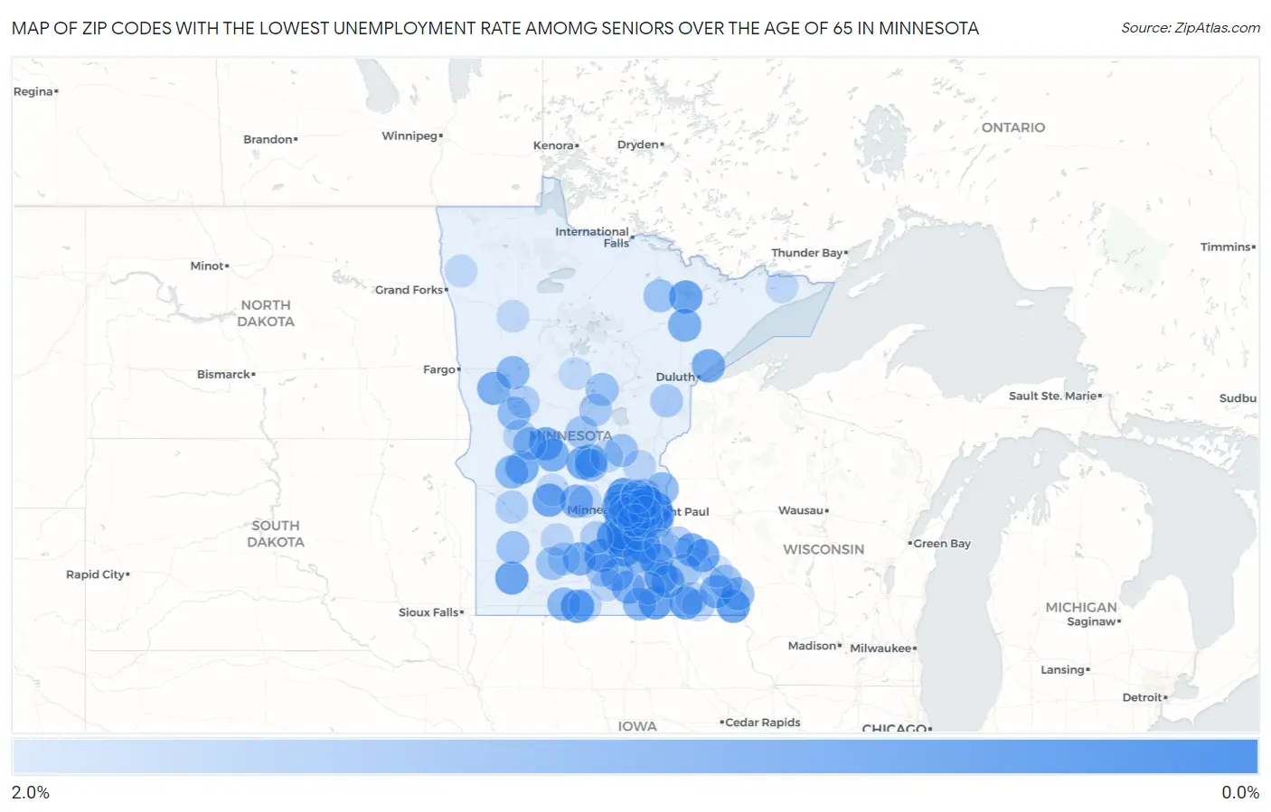 Zip Codes with the Lowest Unemployment Rate Amomg Seniors Over the Age of 65 in Minnesota Map