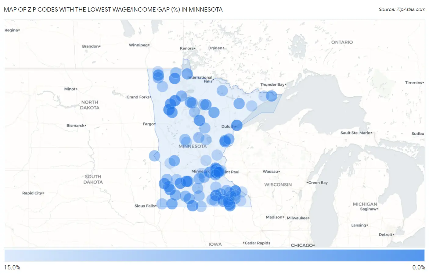 Zip Codes with the Lowest Wage/Income Gap (%) in Minnesota Map