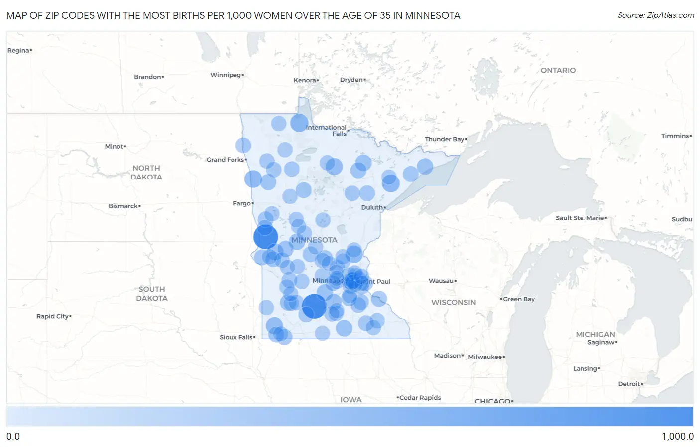 Zip Codes with the Most Births per 1,000 Women Over the Age of 35 in Minnesota Map